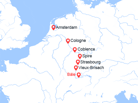 itin&eacute;raire croisi&egrave;re Rhin et ses affluents : Croisière Rhin romantique : de Basel à Amsterdam via Strasbourg, Koblenz et Cologne 