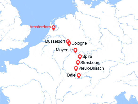 itin&eacute;raire croisi&egrave;re Rhin et ses affluents : Croisière sur le Rhin : d’Amsterdam à Basel via Cologne et Strasbourg 