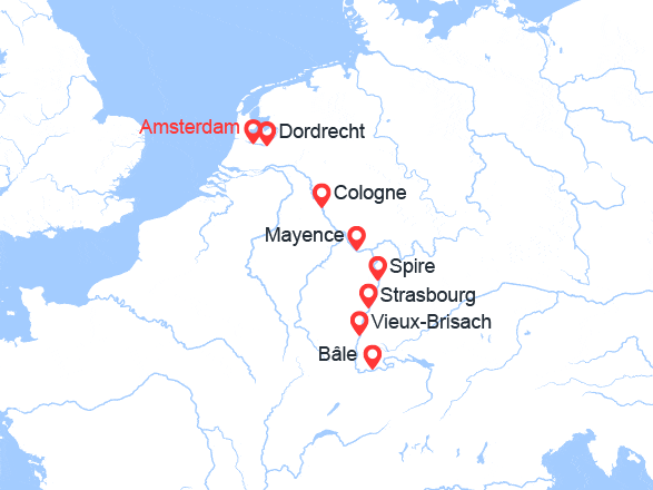 itin&eacute;raire croisi&egrave;re Rhin et ses affluents : Croisière sur le Rhin : d’Amsterdam à Basel via Dordrecht, Cologne et Strasbourg 