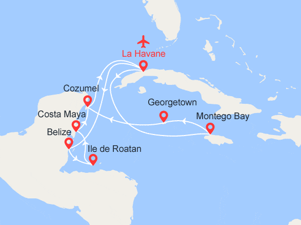 itinéraire croisière Cuba : Cuba, Jamaïque, Iles Caïmans, Mexique, Belize, Honduras - Vols inclus - Vols inclus