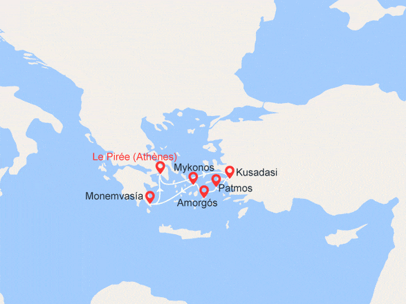 itinéraire croisière Iles grecques : Cyclades du Nord : Turquie, Patmos, Amorgos, Mykonos, Spetses