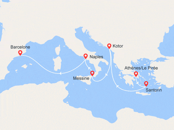 itinéraire croisière Méditerranée : D'Athènes à Barcelone : Grèce, Monténégro, Italie et Espagne