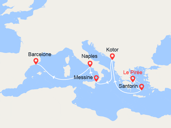 itinéraire croisière Iles grecques : D'Athènes à Barcelone : Santorin, Monténégro, Sicile, Naples
