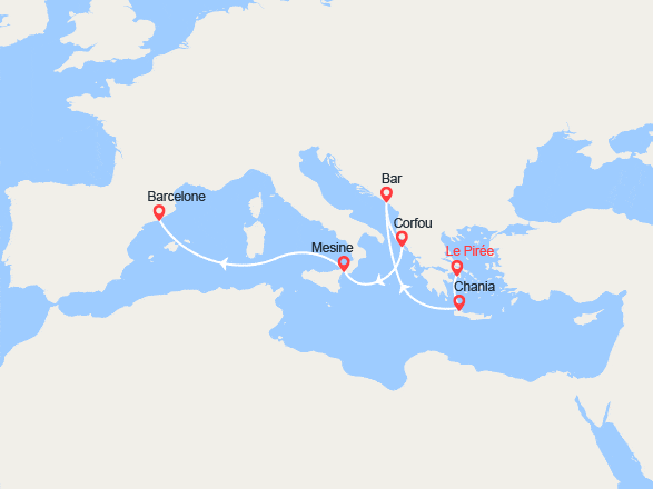 itinéraire croisière Méditerranée Orientale : D'Athènes à Barcelone: Crète, Monténégro, Corfou, Sicile