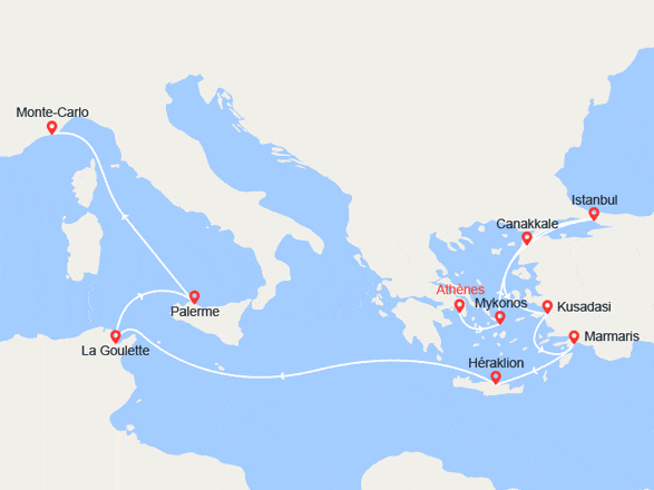 itin&eacute;raire croisi&egrave;re Méditerranée Orientale : D'Athènes à Monte-Carlo : Iles grecques, Turquie, Tunisie, Sicile 