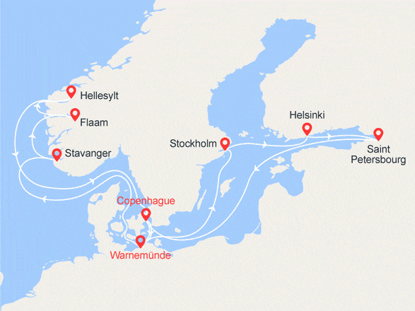 itinéraire croisière Fjords : Danemark, Allemagne, Norvège, Suède, Finlande, Russie