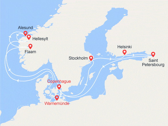 itinéraire croisière Fjords - Fjords : Danemark, Allemagne, Suède, Finlande, Russie, Norvège