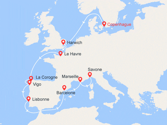 itinéraire croisière Europe du Nord : Danemark, Grande-Bretagne, France, Espagne, Portugal, Italie