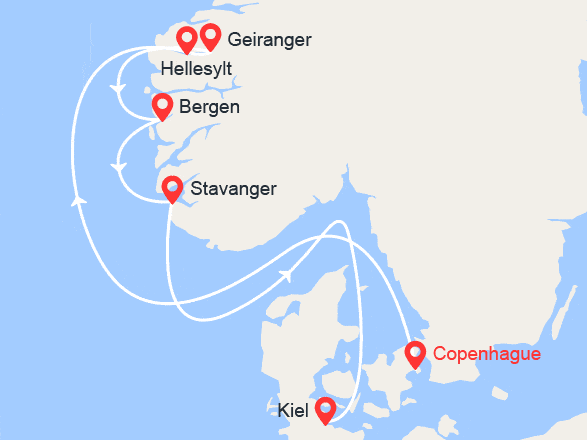 itinéraire croisière Fjords : Danemark, Norvège, Allemagne