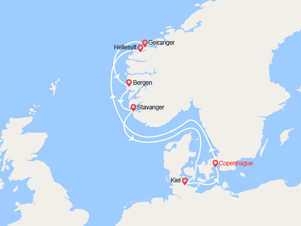 itinéraire croisière Fjords : Danemark, Norvège, Allemagne