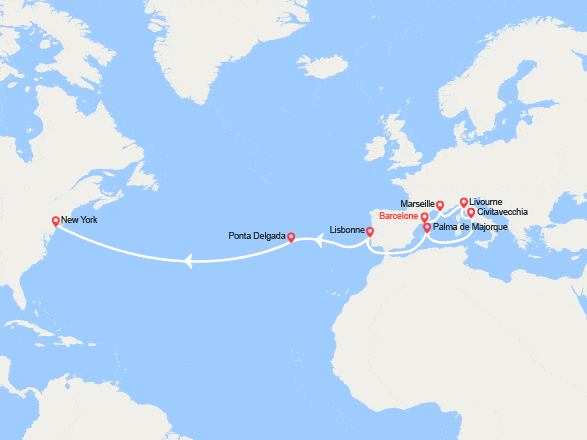 itinéraire croisière Transatlantique : De Barcelone à New York : Pise, Rome, Palma, Lisbonne
