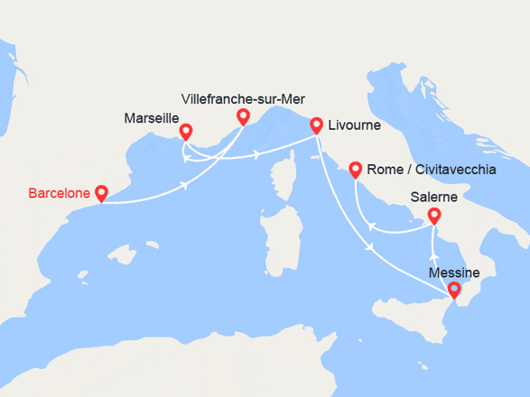 itin&eacute;raire croisi&egrave;re Méditerranée Occidentale : De Barcelone à Rome 