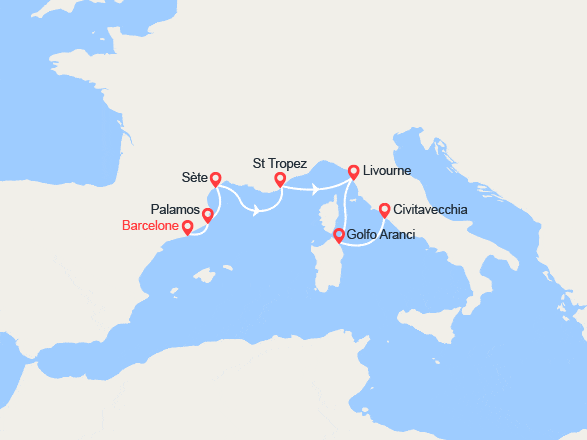 itin&eacute;raire croisi&egrave;re Méditerranée Occidentale : De Barcelone à Rome : Costa Brava, Côte d'Azur, Toscane, Sardaigne 