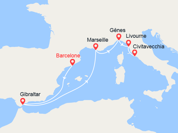 itinéraire croisière Méditerranée : De Barcelone à Rome : Gibraltar, Provence, Italie 