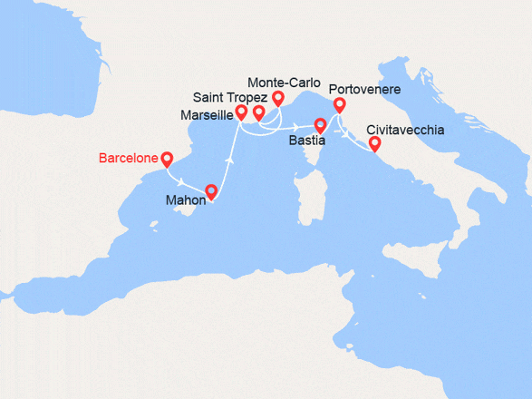 itinéraire croisière Iles Baléares : De Barcelone à Rome : Minorque, Côte d'Azur, Corse, Italie