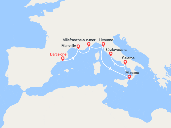 itin&eacute;raire croisi&egrave;re Méditerranée Occidentale : De Barcelone à Rome : Provence, Côte d'Azur, Italie, Sicile 