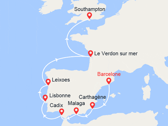 itinéraire croisière Europe du Nord : De Barcelone à Southampton