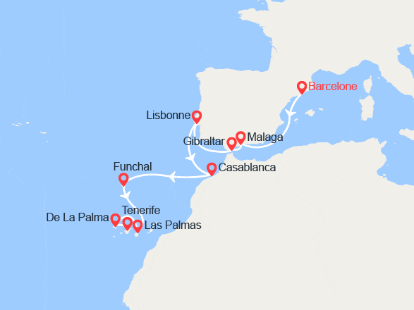 itinéraire croisière Méditerranée Occidentale : De Barcelone à Tenerife : Espagne, Portugal, Maroc, Madère, Canaries