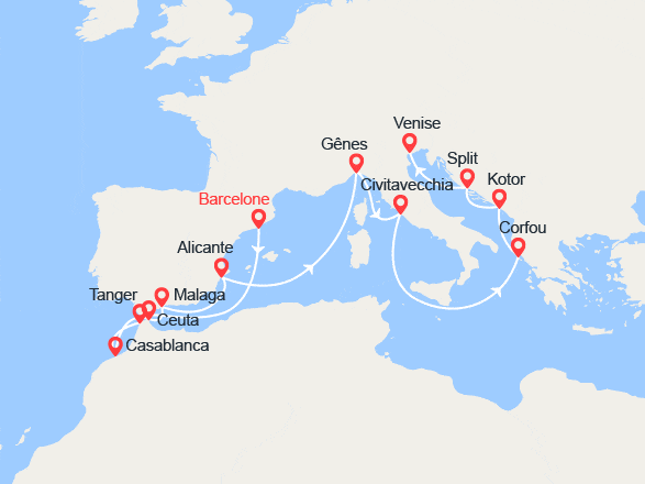 itinéraire croisière Méditerranée Occidentale : De Barcelone à Venise