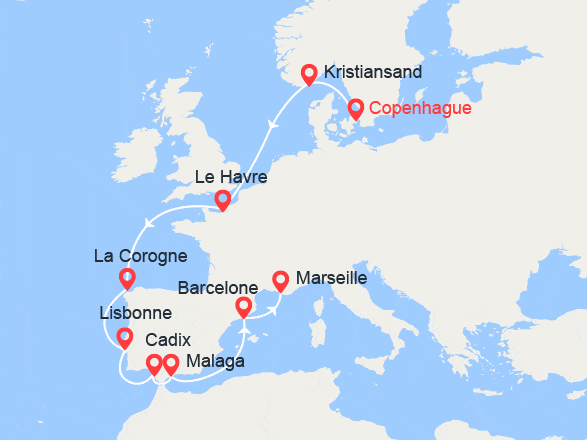 itinéraire croisière Europe du Nord : De Copenhague à Marseille