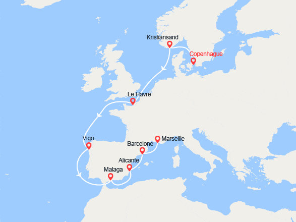 itin&eacute;raire croisi&egrave;re Europe du Nord : De Copenhague à Marseille 