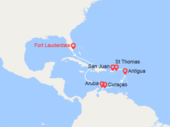 itin&eacute;raire croisi&egrave;re Caraïbes et Antilles : De Fort Lauderdale à Porto Rico : Aruba, Curaçao, Antigua, St Thomas 
