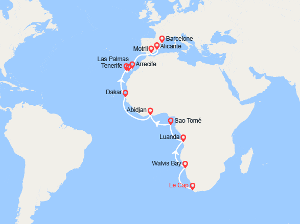 itinéraire croisière Afrique : De l'Afrique du Sud à l'Espagne : Namibie, Angola, Côte d'Ivoire, Sénégal