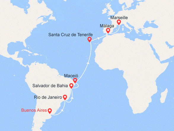 itinéraire croisière Transatlantique : De l'Argentine à la France