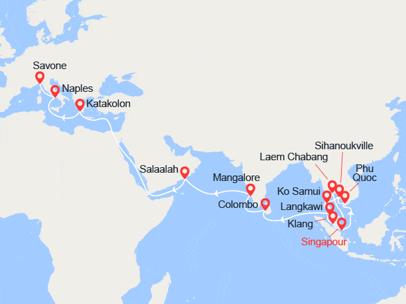 itinéraire croisière Asie : De l'Orient à l'Occident : Singapour, Cambodge, Thaïlande, Malaisie, Sri Lanka, Inde, Oman, Grèce, Italie