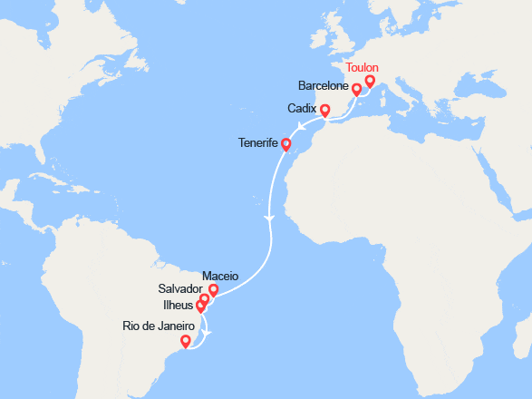 itinéraire croisière Transatlantique : De la Méditerranée à l'Amérique du Sud: La Seyne sur Mer - Rio de Janeiro