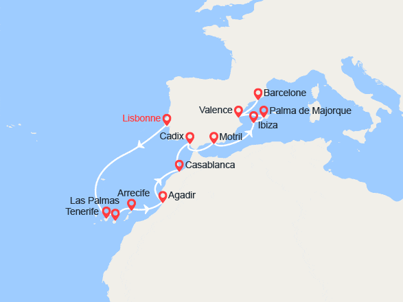 itinéraire croisière Méditerranée Occidentale : De Lisbonne à Barcelone : îles Canaries, Maroc, îles Baléares