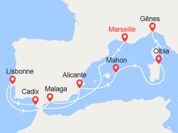 itinéraire croisière Iles Baléares : De Marseille à Gênes: Espagne, Portugal, Minorque, Sicile