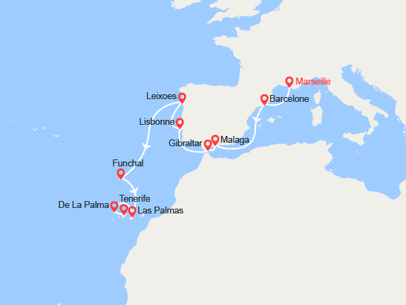 itinéraire croisière Méditerranée Occidentale : De Marseille à Santa Cruz de Tenerife : Espagne, Portugal, Canaries