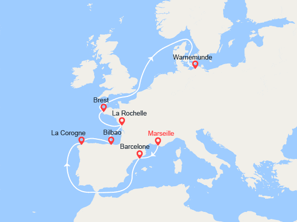 itin&eacute;raire croisi&egrave;re Méditerranée Occidentale : De Marseille à Warnemunde 