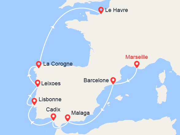 itin&eacute;raire croisi&egrave;re Méditerranée Occidentale : De Marseille au Havre : Espagne, Portugal 