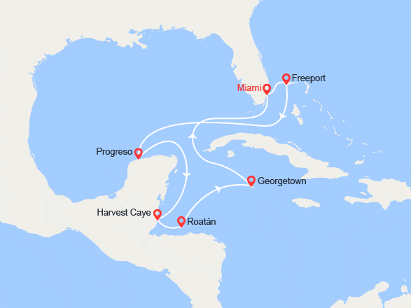 itin&eacute;raire croisi&egrave;re Caraïbes et Antilles : De Miami aux Caraïbes : Freeport, Progreso, Harvest Caye, Roatán 