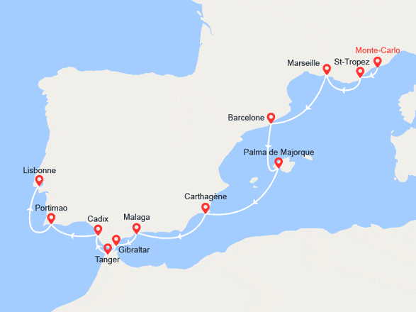 itin&eacute;raire croisi&egrave;re Méditerranée Occidentale : De Monte-Carlo à Lisbonne : Espagne, Gibraltar et Maroc 