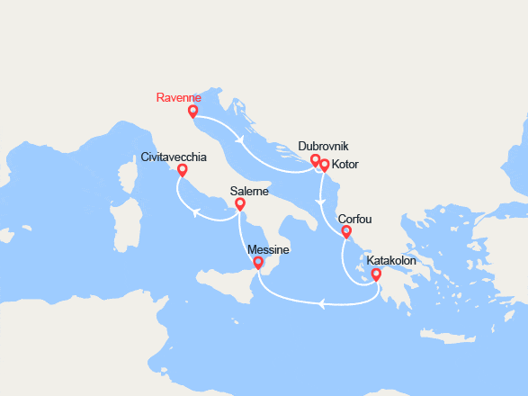 itin&eacute;raire croisi&egrave;re Méditerranée Orientale : De Ravenne à Civitavecchia : Croatie, Monténégro, Corfou, Grèce Sicile, Italie 