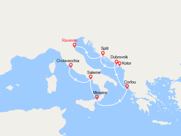 itin&eacute;raire croisi&egrave;re Méditerranée Orientale : De Ravenne à Civitavecchia : Croatie, Monténégro, Corfou, Sicile, Italie 