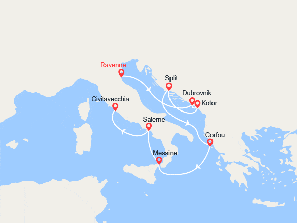 itin&eacute;raire croisi&egrave;re Méditerranée Orientale : De Ravenne à Civitavecchia : Monténégro, Croatie, Corfou, Sicile, Italie 