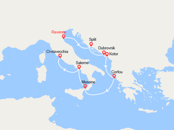 itin&eacute;raire croisi&egrave;re Méditerranée Orientale : De Ravenne à Rome : Croatie, Monténégro, Corfou, Sicile, Italie 