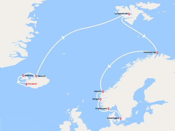 itinéraire croisière Islande : De Reykjavik à Cophengague : Islande, Spitzberg, Cap Nord, Fjord de Norvège