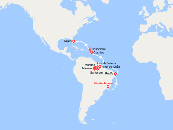 itin&eacute;raire croisi&egrave;re Amérique du Sud : De Rio à Miami : entre Amazonie et îles caribéennes 