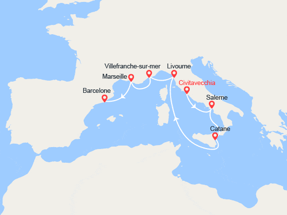 itin&eacute;raire croisi&egrave;re Méditerranée Occidentale : De Rome à Barcelone : Sicile, Italie, Côte d'Azur, Provence 