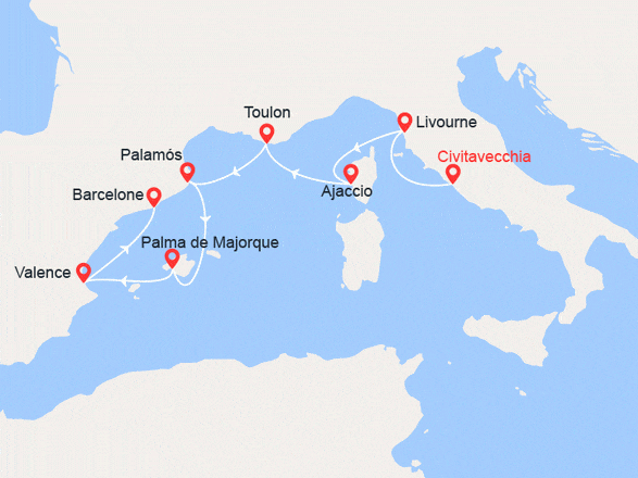 itinéraire croisière Méditerranée : De Rome à Barcelone : Toscane, Corse, Majorque, Espagne...