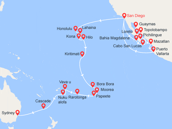 itinéraire croisière Pacifique : De San Diego à Sydney : Mexique, Hawaï, Polynésie, Australie