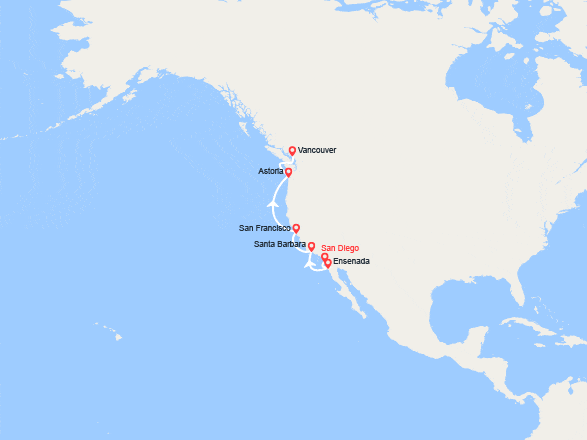 itinéraire croisière Amérique du Nord : De San Diego à Vancouver : Santa Barbara, San Francisco, Astoria