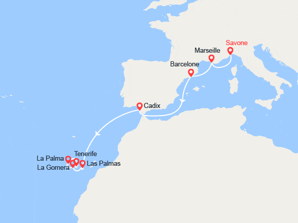 itinéraire croisière Méditerranée Occidentale : De Savone à Santa Cruz de Tenerife : Espagne & Iles Canaries 