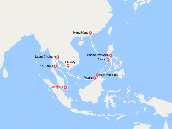 itinéraire croisière Asie : De Singapour à Hong Kong : Thaïlande, Vietnam, Brunei, Malaisie, Philippines