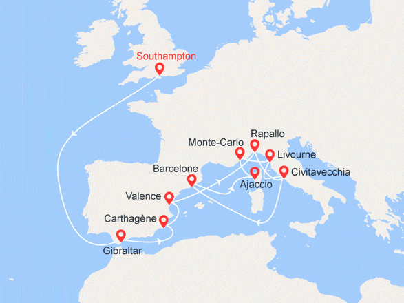 itinéraire croisière Méditerranée : De Southampton à Rome : Gibraltar, Espagne, Italie, Corse, Monaco